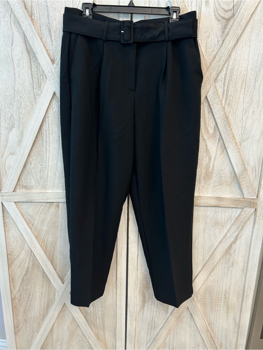 Ann Taylor Black High-Waist Belted Tapered Trousers